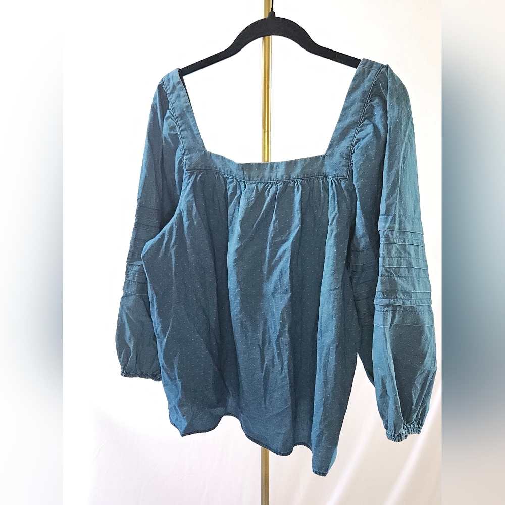 Madewell Denim Square-Neck Pleated Sleeve Boho Chambray Blouse Blue - Picture 2 of 11